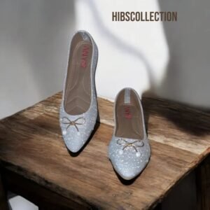 women Stylish pump “Sparkling Silver Glitter Ballet Flats with Bow & Pearl Detailing”
